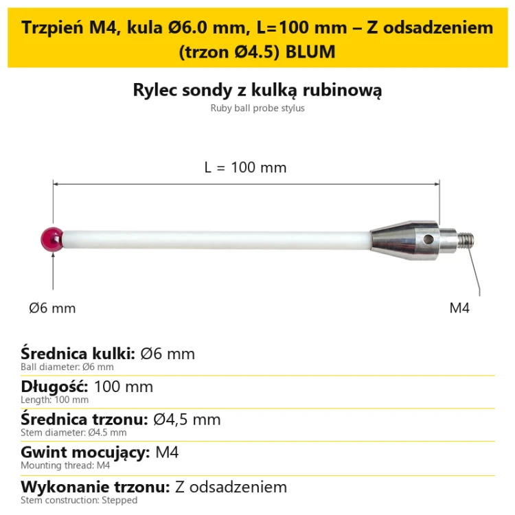 Trzpień M4, kula Ø6.0 mm, L=100 mm – Z odsadzeniem (trzon Ø4.5) BLUM