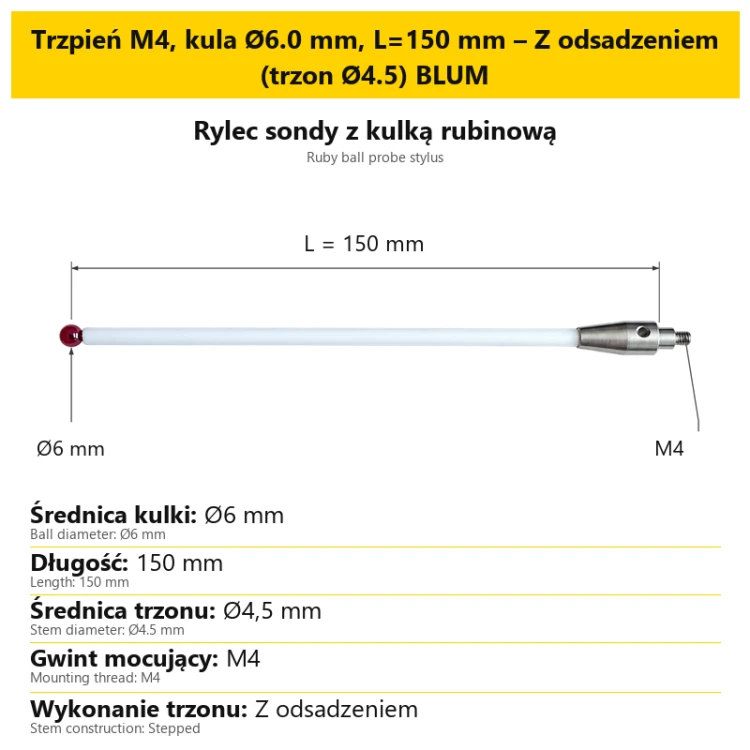 Trzpień M4, kula Ø6.0 mm, L=150 mm – Z odsadzeniem (trzon Ø4.5) BLUM