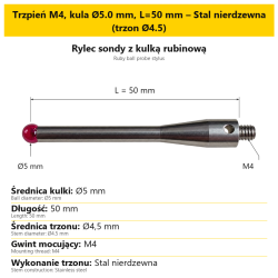 Trzpień M4, kula Ø5.0 mm, L=50 mm – Stal nierdzewna (trzon Ø4.5)