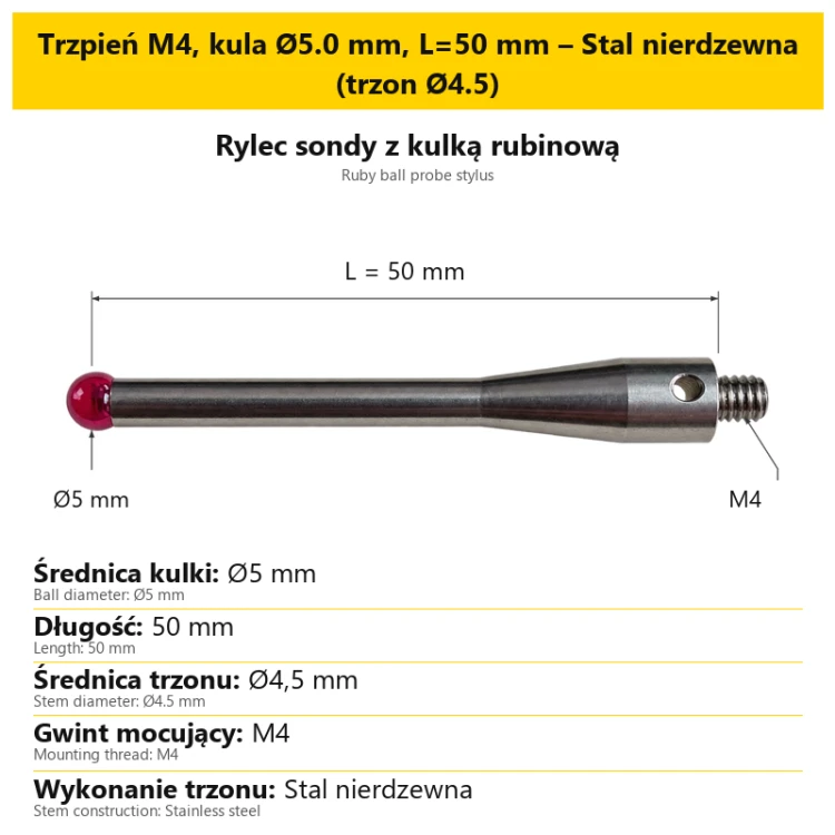 Trzpień M4, kula Ø5.0 mm, L=50 mm – Stal nierdzewna (trzon Ø4.5)