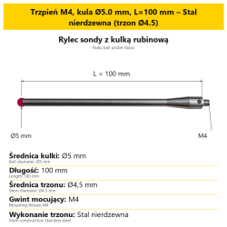 Trzpień M4, kula Ø5.0 mm, L=100 mm – Stal nierdzewna (trzon Ø4.5)
