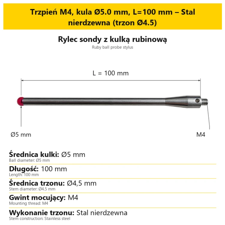 Trzpień M4, kula Ø5.0 mm, L=100 mm – Stal nierdzewna (trzon Ø4.5)