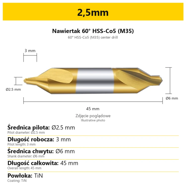 Nawiertak 2,5mm TiN — PL/EN