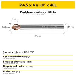 Pogłębiacz stożkowy HSS-Co Ø4.5 x 4 x 90° x 40L