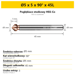 Pogłębiacz stożkowy HSS-Co Ø5 x 5 x 90° x 45L