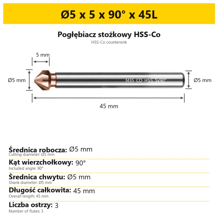 Pogłębiacz stożkowy HSS-Co Ø5 x 5 x 90° x 45L