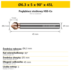 Pogłębiacz stożkowy HSS-Co Ø6.3 x 5 x 90° x 45L
