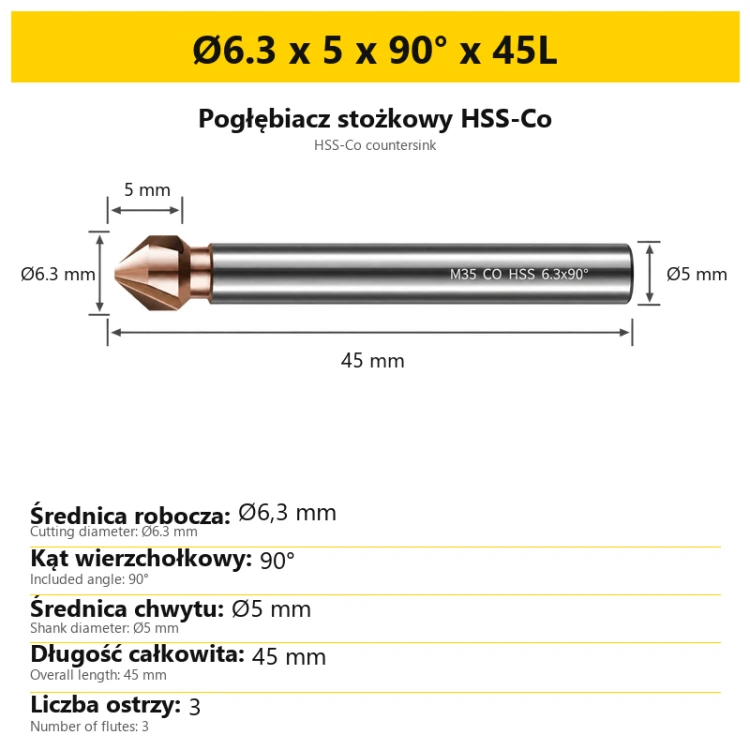 Pogłębiacz stożkowy HSS-Co Ø6.3 x 5 x 90° x 45L