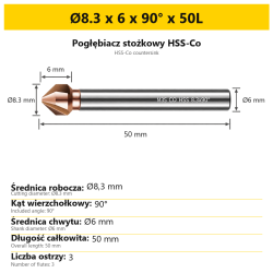 Pogłębiacz stożkowy HSS-Co Ø8.3 x 6 x 90° x 50L