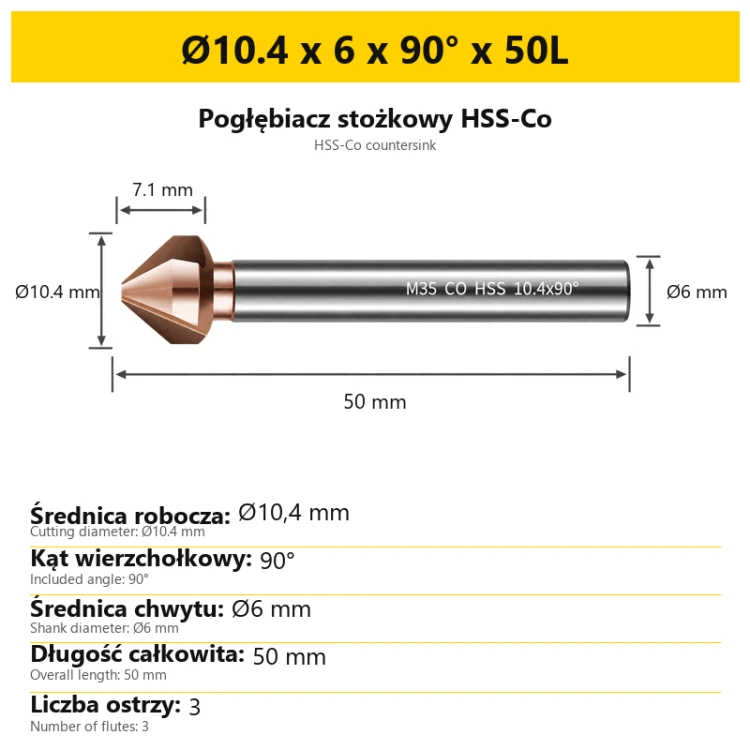 Pogłębiacz stożkowy HSS-Co Ø10.4 x 6 x 90° x 50L