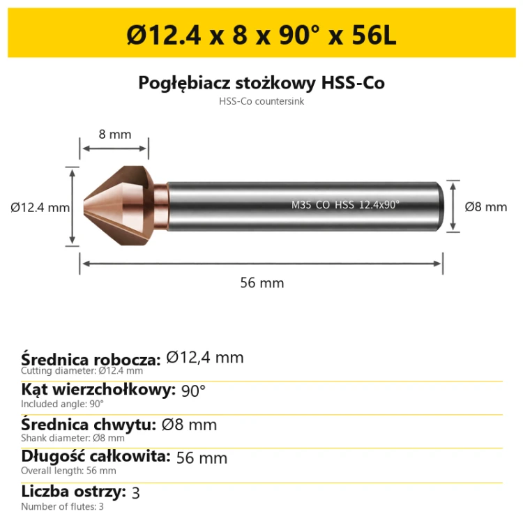 Pogłębiacz stożkowy HSS-Co Ø12.4 x 8 x 90° x 56L