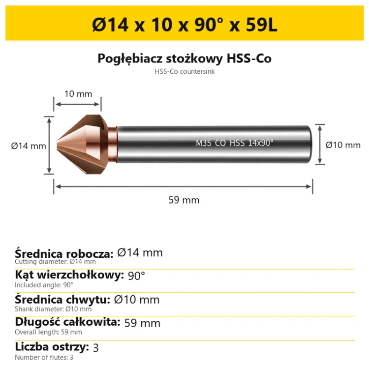 Pogłębiacz stożkowy HSS-Co Ø14 x 10 x 90° x 59L