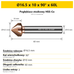 Pogłębiacz stożkowy HSS-Co Ø16.5 x 10 x 90° x 60L
