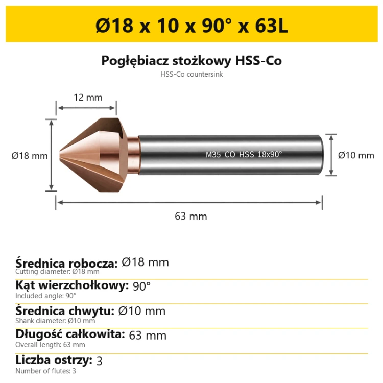 Pogłębiacz stożkowy HSS-Co Ø18 x 10 x 90° x 63L