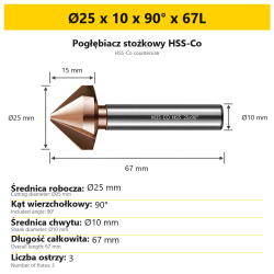 Pogłębiacz stożkowy HSS-Co Ø25 x 10 x 90° x 67L