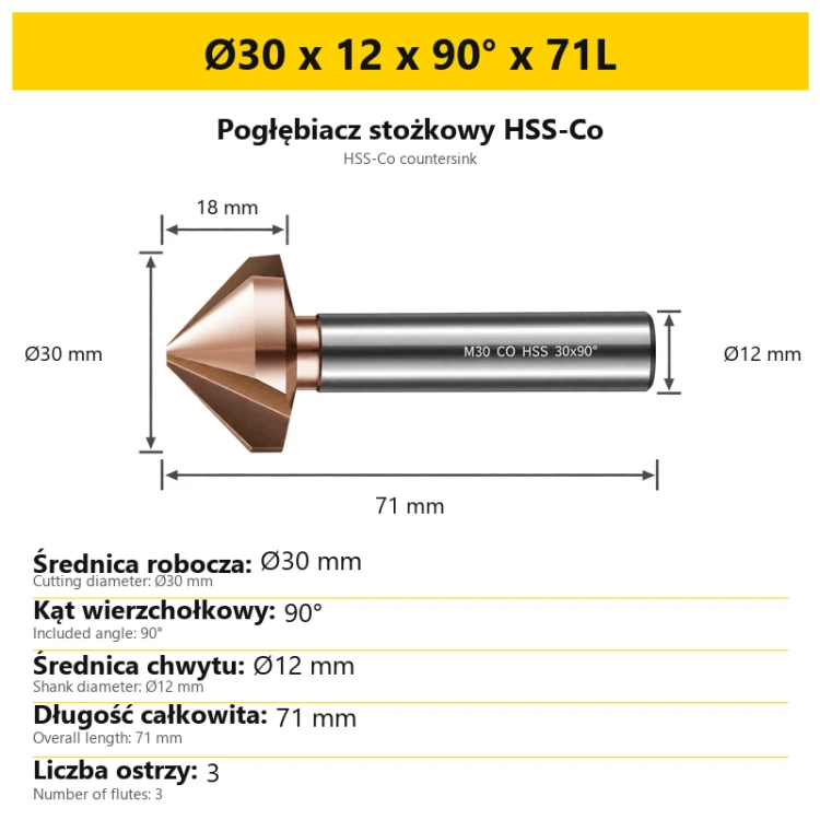 Pogłębiacz stożkowy HSS-Co Ø30 x 12 x 90° x 71L