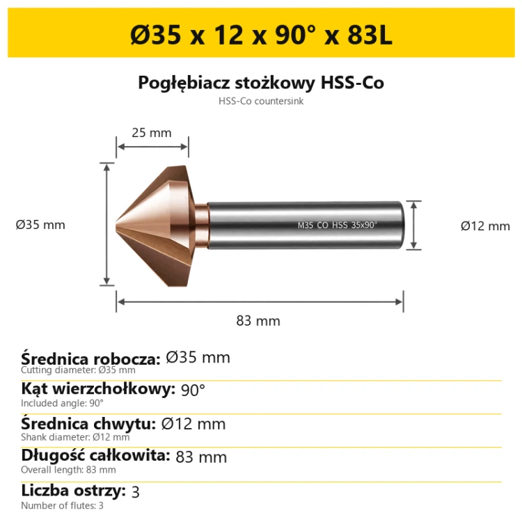 Pogłębiacz stożkowy HSS-Co Ø35 x 12 x 90° x 83L