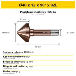 Pogłębiacz stożkowy HSS-Co Ø40 x 12 x 90° x 92L