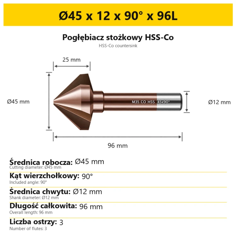 Pogłębiacz stożkowy HSS-Co Ø45 x 12 x 90° x 96L