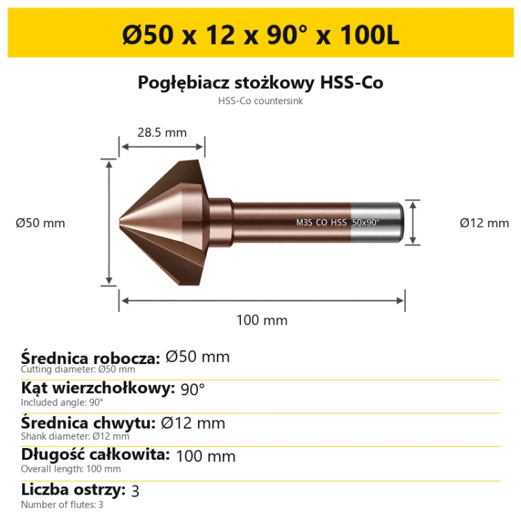 Pogłębiacz stożkowy HSS-Co Ø50 x 12 x 90° x 100L