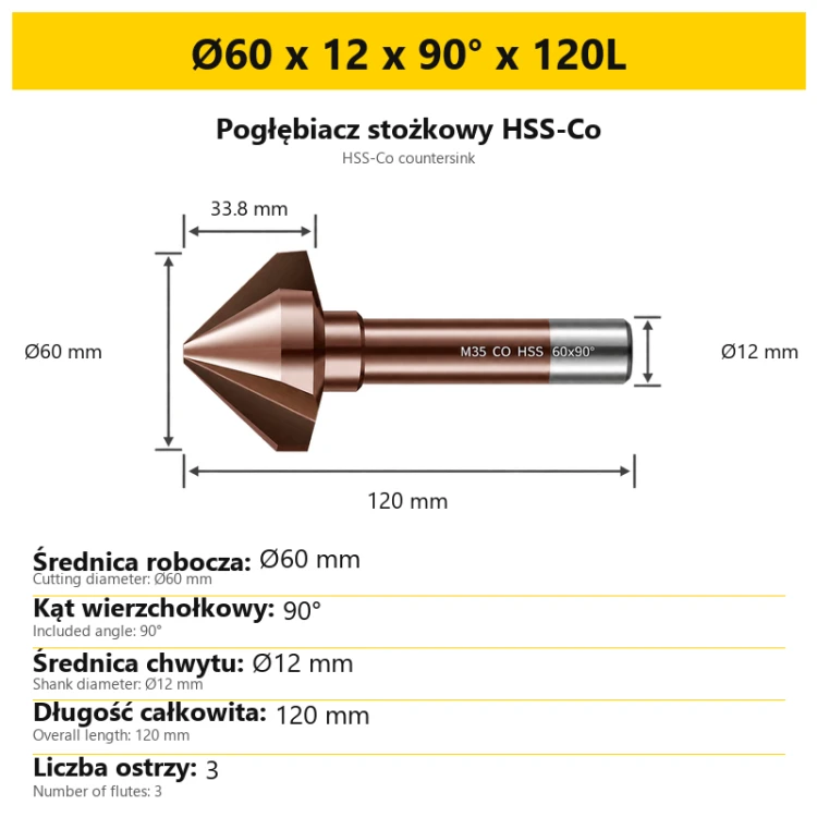 Pogłębiacz stożkowy HSS-Co Ø60 x 12 x 90° x 120L