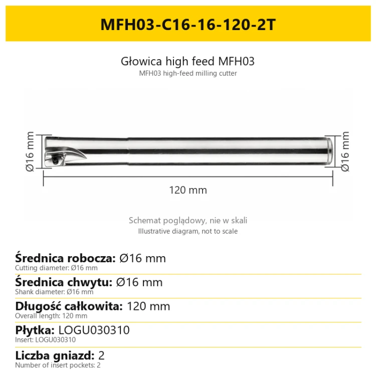MFH03 high-feed milling cutter — MFH03-C16-16-120-2T