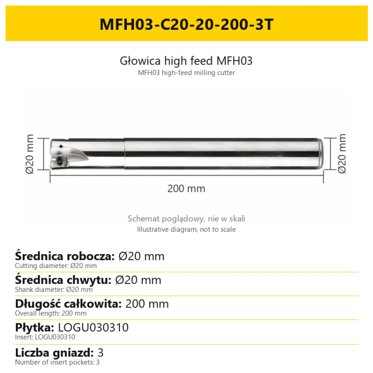 MFH03 high-feed milling cutter — MFH03-C20-20-200-3T