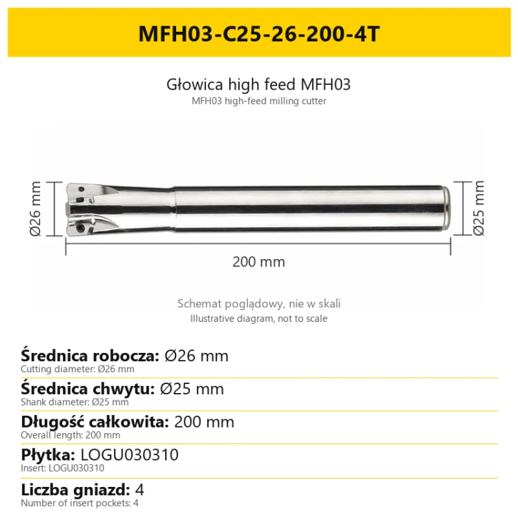MFH03 high-feed milling cutter — MFH03-C25-26-200-4T