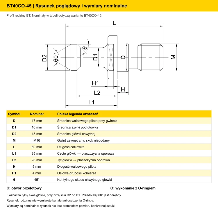 BT40CO-45 - wymiary nominalne i oznaczenia (PL)