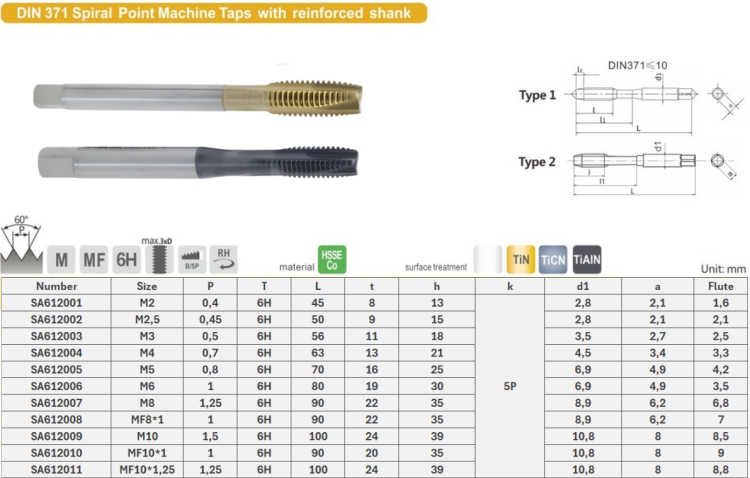 Gwintownik prosty HSSE DIN 371 /376 TiN/TiCN/AlTiN