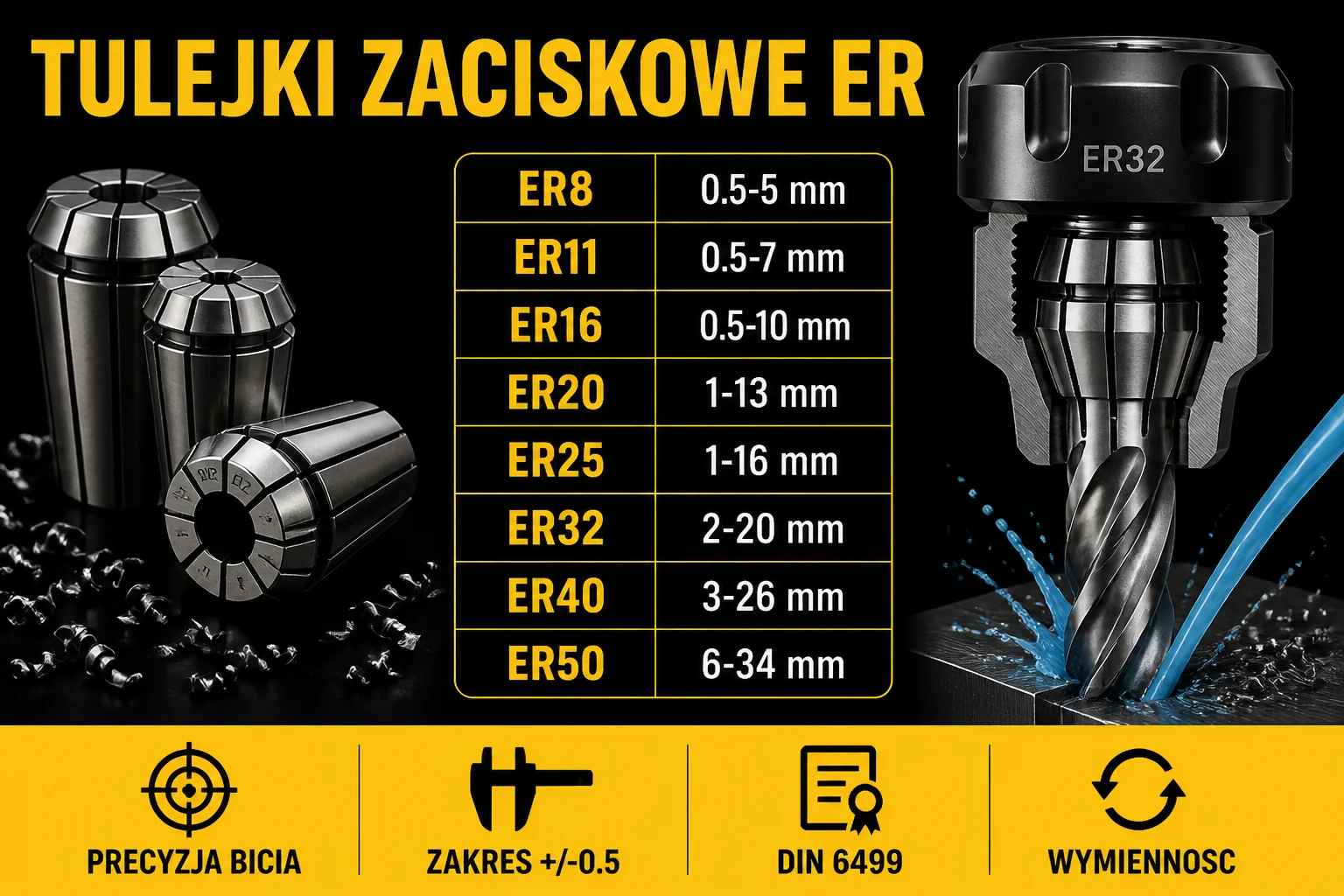 Tulejki ER - tabela rozmiarów ER8 do ER50 z zakresami mocowania