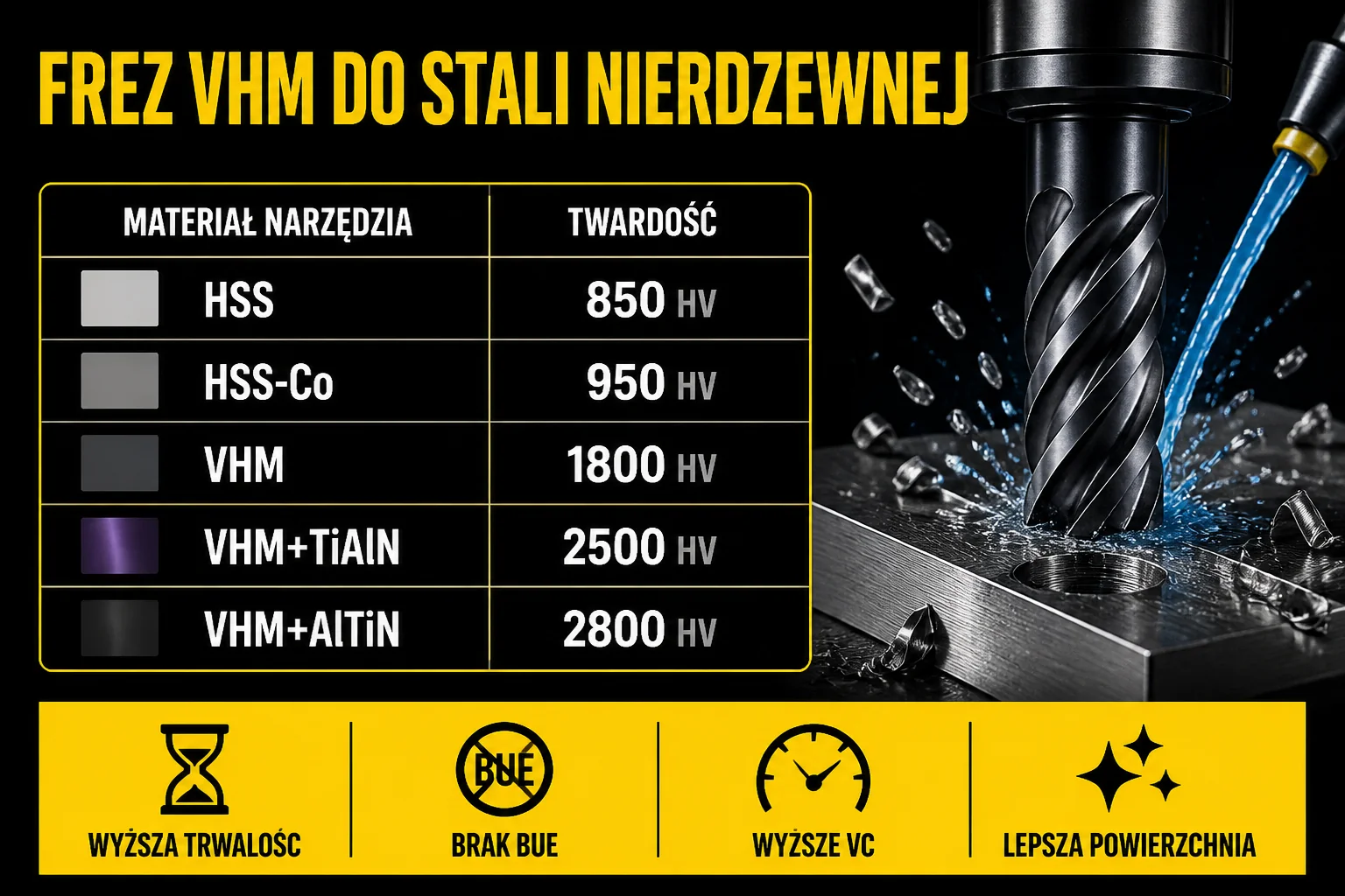 Frez VHM do stali nierdzewnej - porównanie materiałów HSS, HSS-Co, VHM z powłokami TiAlN i AlTiN