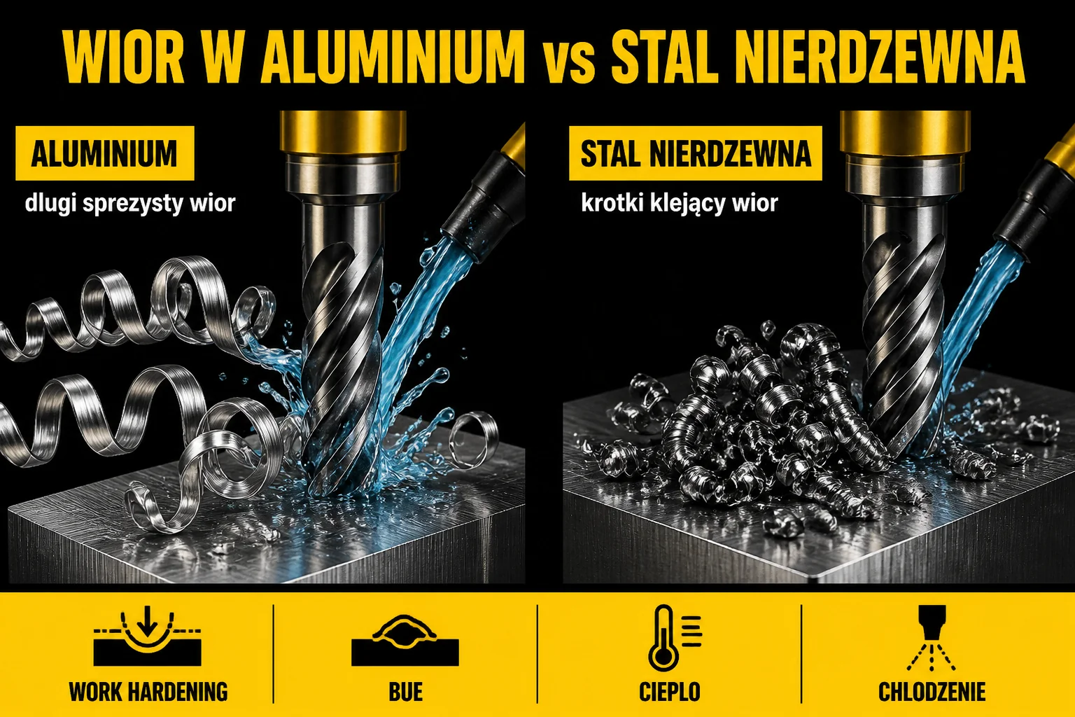 Porównanie wióra w aluminium i stali nierdzewnej