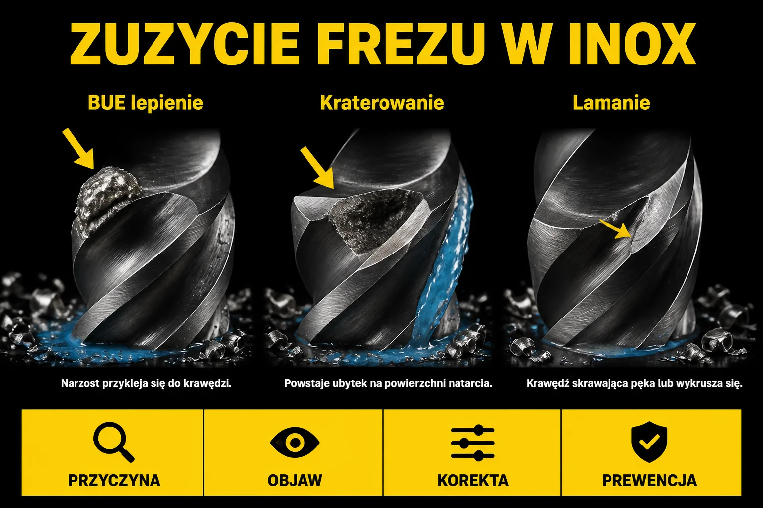 Diagram zużycia krawędzi frezu w stali nierdzewnej - BUE, kraterowanie, łamanie