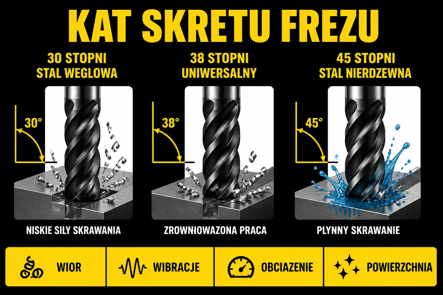 Tabela kątów skrętu frezów dla różnych materiałów
