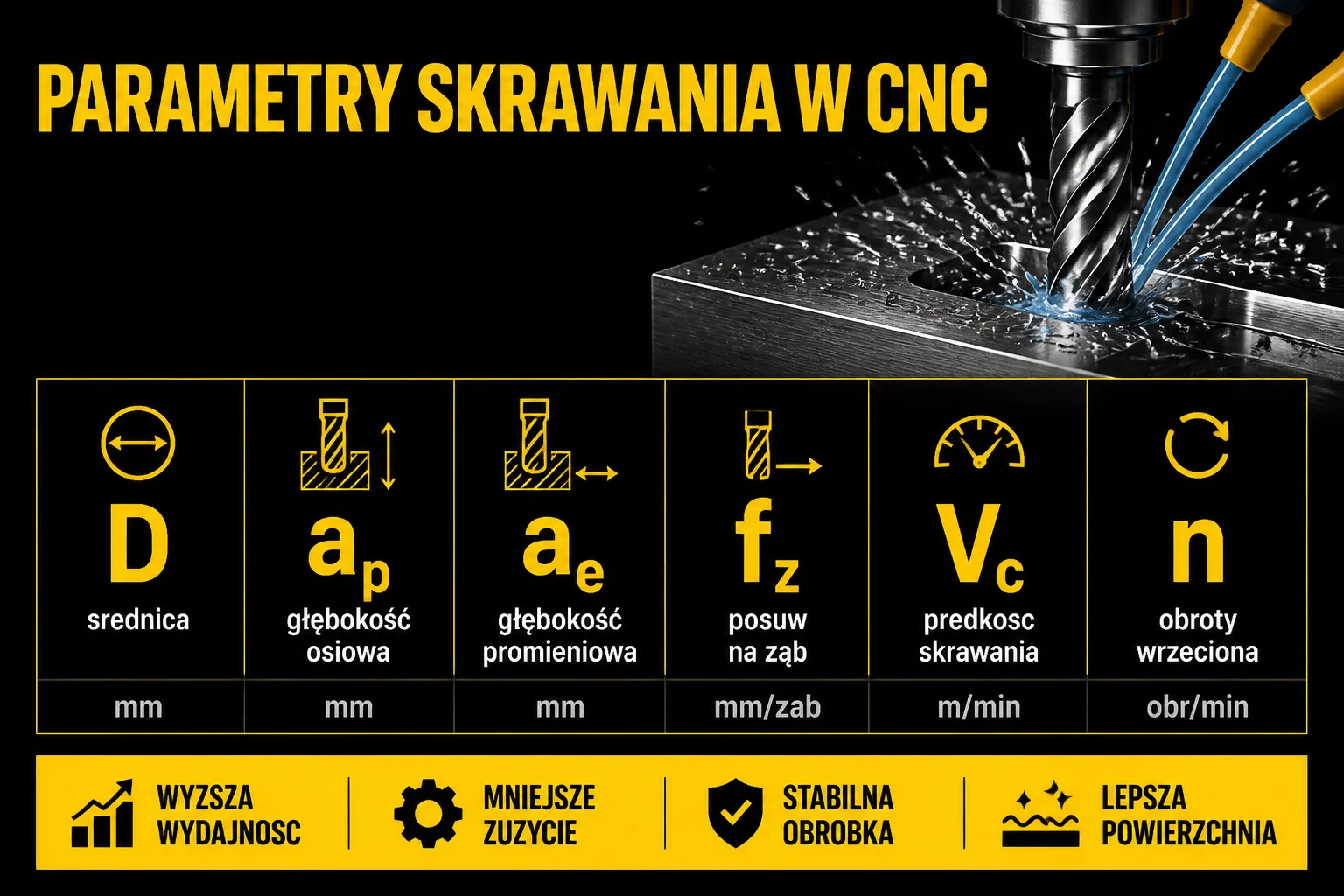 Parametry skrawania w CNC - tabela z opisem Vc, fz, ap, ae, n, D