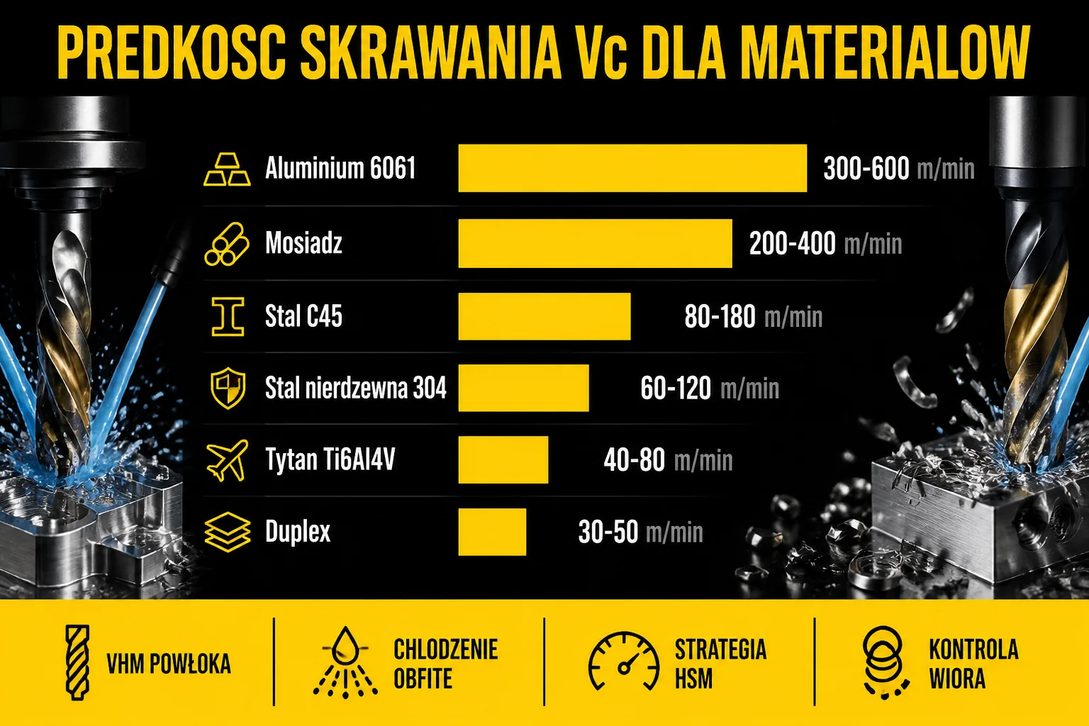Tabela prędkości skrawania Vc dla różnych materiałów