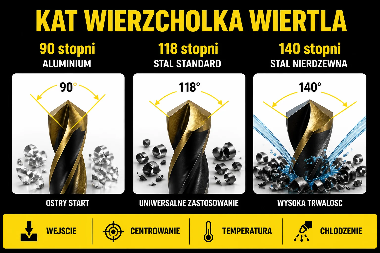 Porównanie kątów wierzchołka wiertła dla różnych materiałów