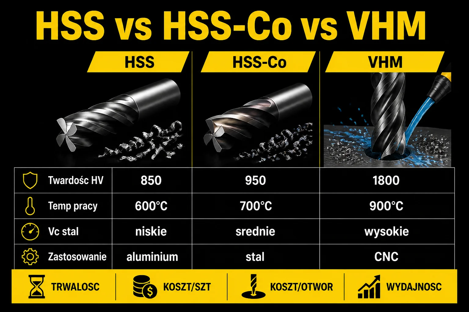 Tabela porównawcza materiałów wiertła HSS, HSS-Co, VHM