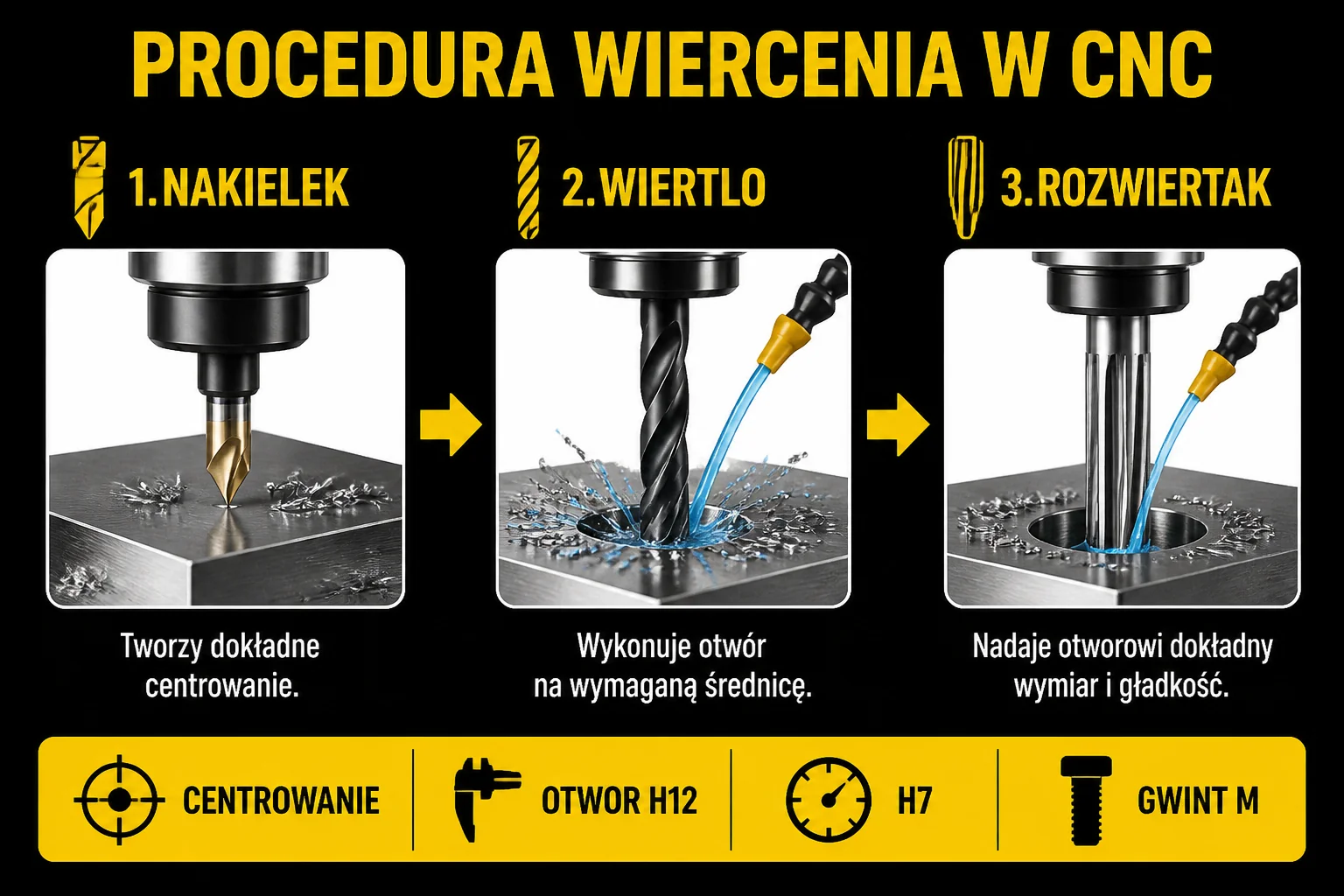 Schemat procedury wiercenia - nakiełek, wiertło, rozwiertaka