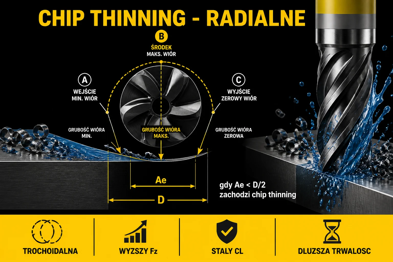 Chip thinning radialne - diagram geometrii frezowania z oznaczeniem Ae, D oraz punktów wejścia, środka i wyjścia
