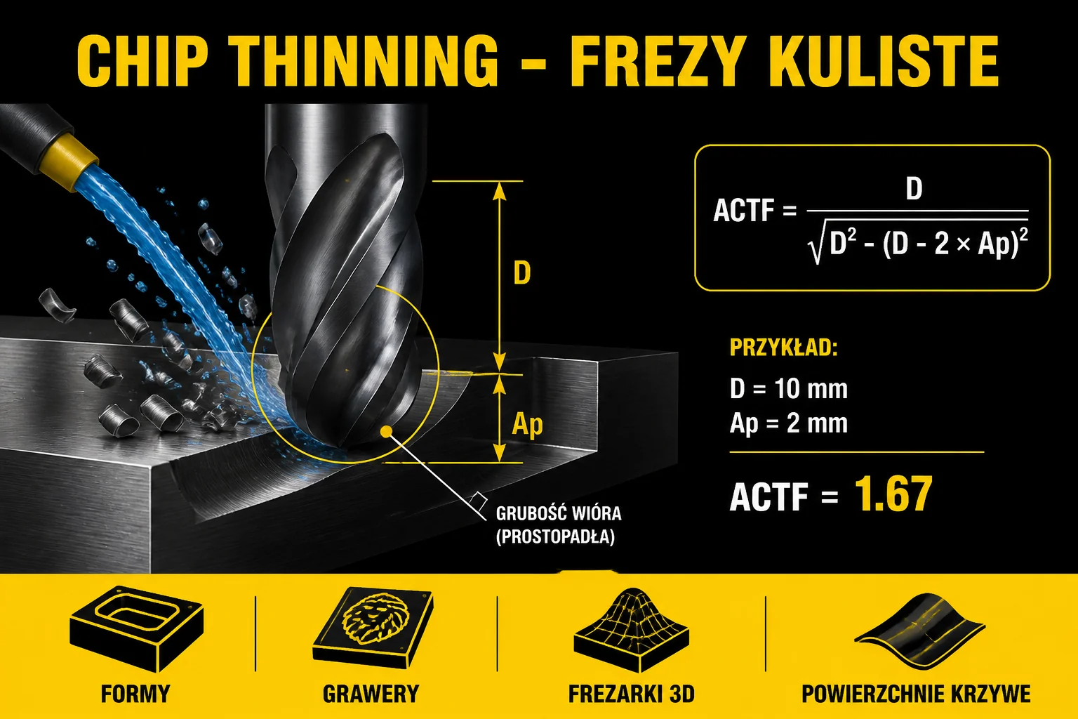 Chip thinning dla freza kulistego - diagram z średnicą D i głębokością Ap