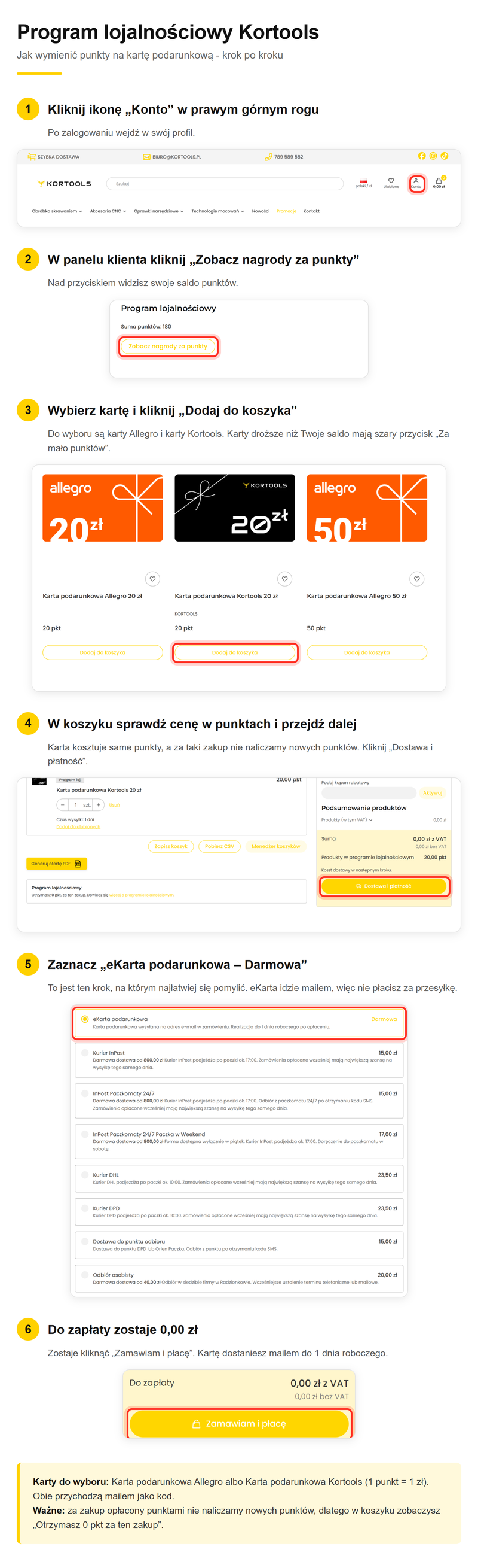 Program lojalnosciowy Kortools - jak wymienic punkty na karte podarunkowa, krok po kroku