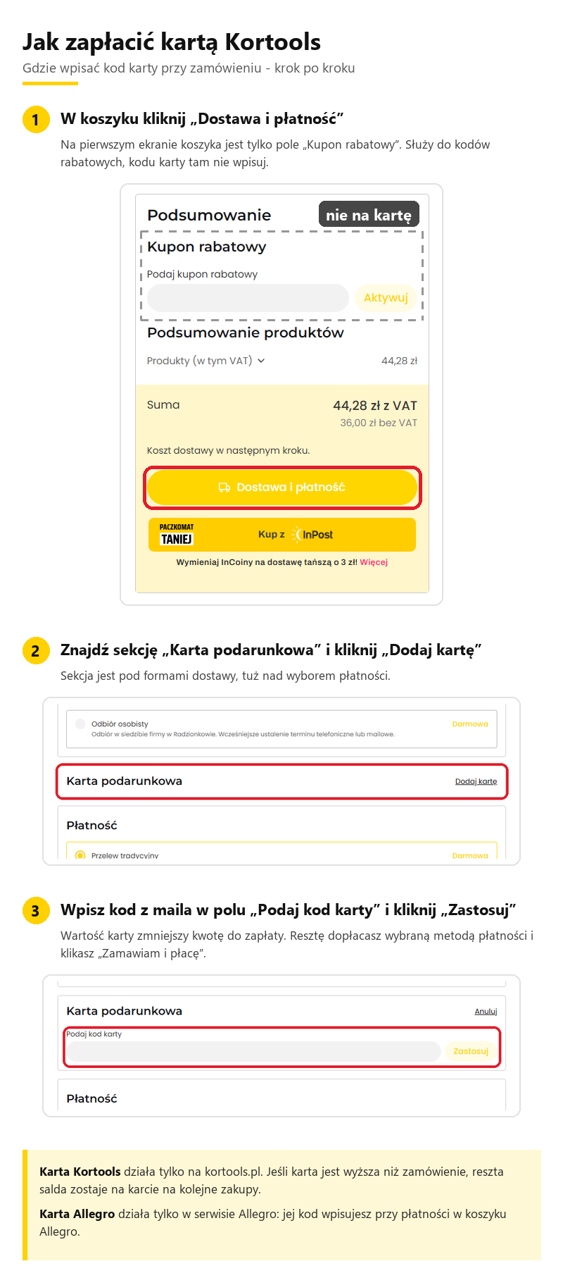 Karta podarunkowa Kortools - gdzie wpisać kod karty przy zamówieniu, krok po kroku