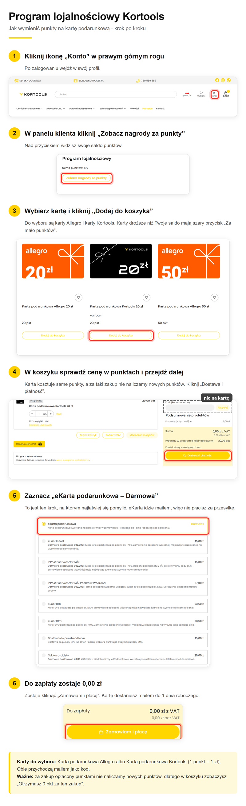 Program lojalnosciowy Kortools - jak wymienic punkty na karte podarunkowa, krok po kroku