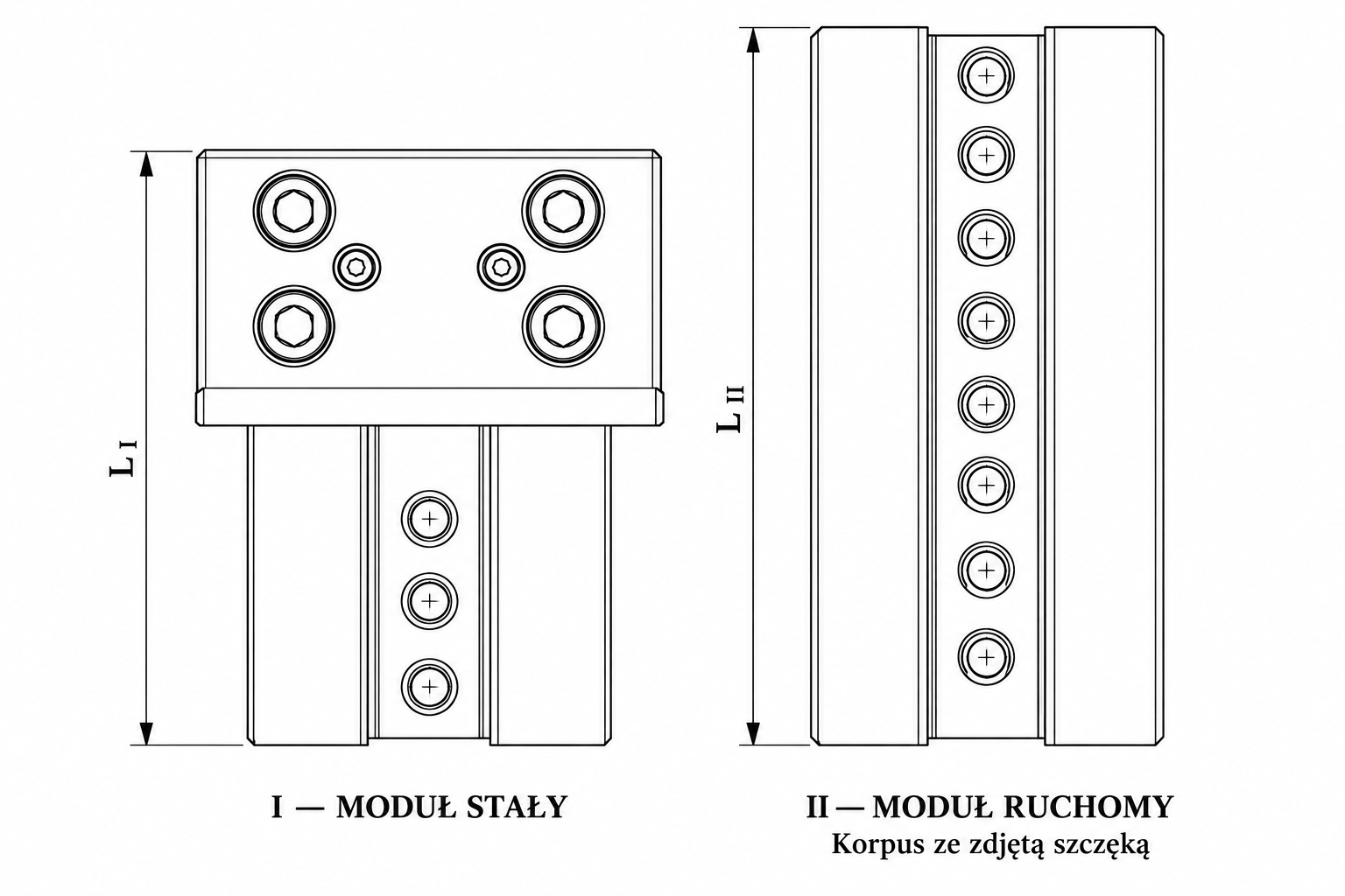 Top views of fixed module I and movable module II body, lengths L_I and L_II