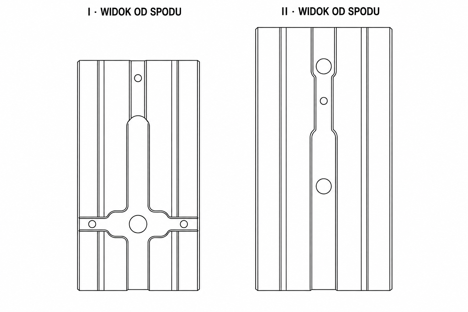 Underside views of fixed module I and movable module II, GT150×200 hole and slot arrangement